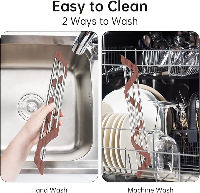 Tomorotec Triangle Roll-Up Dish Drying Rack for Sink Corner Small Foldable Stainless Steel Over The Sink Multipurpose Kitchen Drainer Caddy Trivet Rustproof Storage Shelf (Chocolate Brown) | BPA-Free Food-Grade Silicone Edges Foldable Waterproof Rustpr... - Image 5
