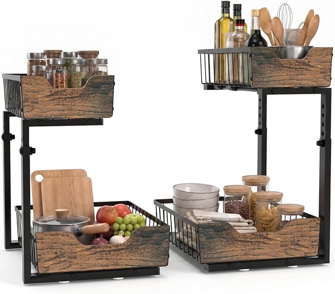 Pull Out Cabinet Organizer 2 Tier Metal Under Sink Organier | Shelf 5 Adjustable Height, Wood Handle, Anti Topple Over, Sturdy Slide out Storage Rack for Bathroom Kitchen Home Pantry by Unknown