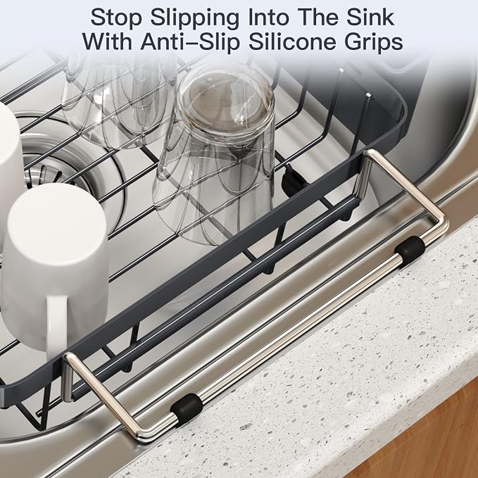 Grey Dish Drying Rack Over The Sink with Utensil Holder, Mat | Expandable Stainless Steel Dish Drainer for Small Kitchen, Apartment, RV, Counter Space Saving, Perfect Fit, Rustproof - Image 8