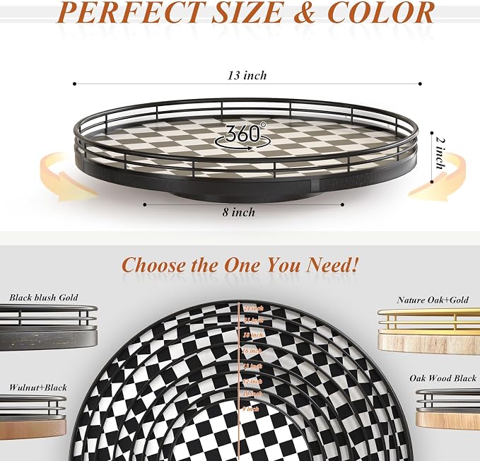 AMH 13-Inch Black and White Checkerboard Lazy Susan with Oak Wood Base | Smooth rotating oak tray with walnut finish for dining tables, kitchen counters, pantries and cabinet storage. - Image 6