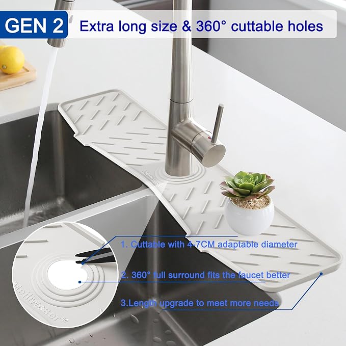 Faucet Mat for Kitchen Sink – 24” x 5.1” Extra-Long Silicone Splash Guard with 10° Slope & Upgraded Drainage – Gen 3 Sink Water Catcher & Sponge Holder for Kitchen, Bathroom (White) - Image 5