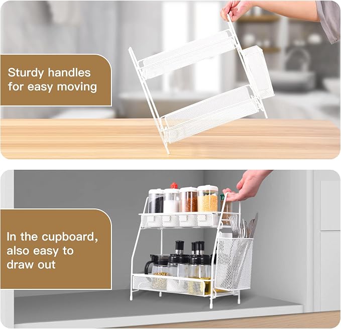 Countertop organizer for bathroom counter, bathroom organizers and storage, spice rack organizer for kitchen counter shelf with small basket(White) - Image 7