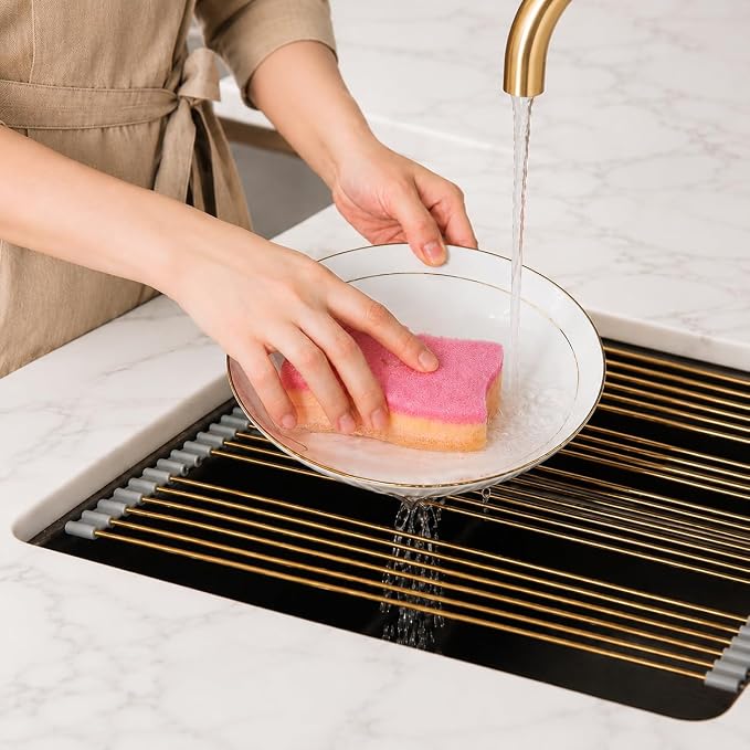 Snailhouse Roll Up Dish Drying Rack, Stainless Steel Dish Drainer Over The Sink with Anti-Slip Silicone for Kitchen Counter, Gold (17.8 x 11.8 in) - Image 8
