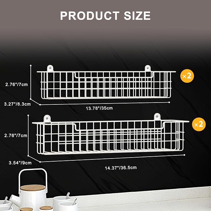 Spice Rack, 4-Pack Seasoning Organizer Wall Mount for Kitchen Storage Organization, Spice Holder Metal Shelf Saving Space for Cabinet, RV, Pantry, White - Image 2