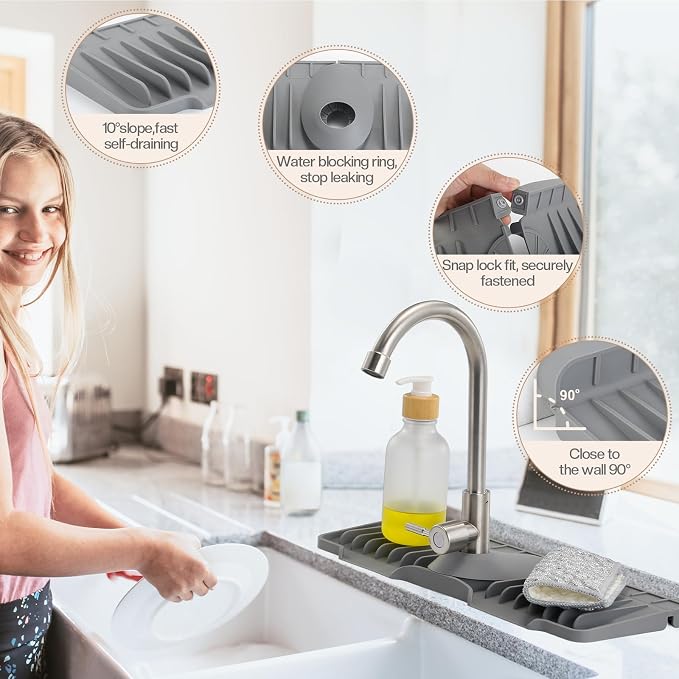 15.75 Inch Kitchen Sink Faucet Mat, Sink Protector&Splash Guard | Silicone, 10°Slope, Fast Self-draining, Snap Lock Fit, for Kitchen and Bathroom Countertop -15.75"x 5.51" - Image 3