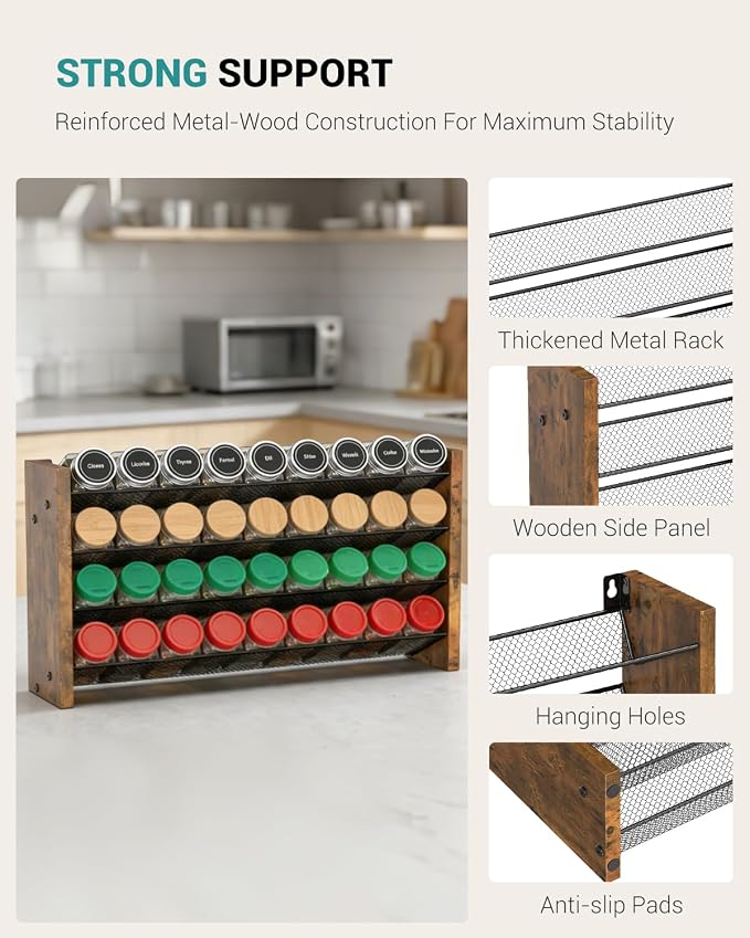 Spice Rack Organizer for Cabinet, Wood Countertop Shelf, No Jars Included | Holds 36 Standard 4 oz Jars, Fits Jars Under 1.8 in Wide, 4-Tier Kitchen Seasoning Organizer, Wall Mount, 17.2" W x 10.3" H - Image 7