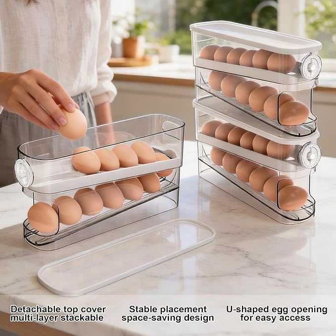 Egg Dispenser For Refrigerator Automatic Rolling,Space-Saving Egg roller,Organizer with Timer Freshness, Covered Dispenser Holds 12 Large Eggs, for Refrigerator, Kitchen, Cabinet & Desktop - Image 5