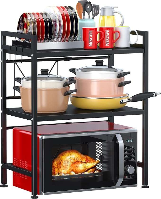 PUSDON 3-Tier Expandable Microwave Oven Rack, Countertop Baker's Rack Style Shelf, Heavy Duty Adjustable Standing Shelf with Hooks, 160lbs Capacity Kitchen Space Saver, Matte Black by PUSDON