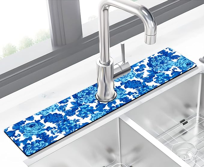 Kitchen Sink Splash Guard Faucet Mat Super Absorbent Fast Drying Mat Sink Gadgets Splash Guard Behind Faucet Drip Catcher for Kitchen (Blue Flowers, 23.5x5.5in) by THIDEAPE