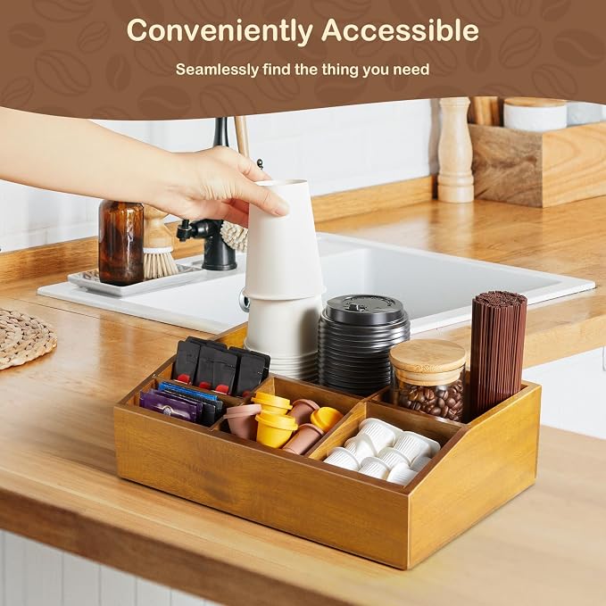 Acacia Wood Coffee Station Organizer for Countertop, Coffee Bar Accessories and Organizer, Pod Holder Storage Basket for K Cup Sugar Tea Bag - Image 2