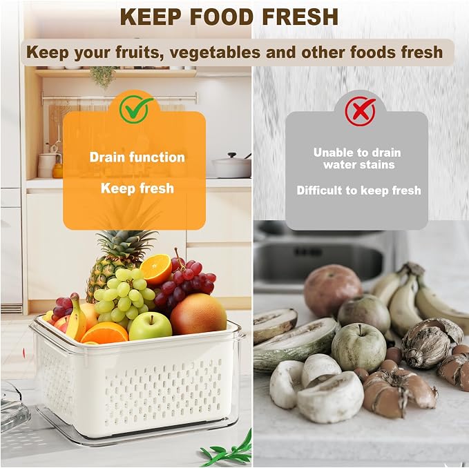Dayacoco Fruit Storage Containers for Fridge 8 Pcs with Drain Basket | Fridge organizers & storage - 8 fruit containers w/ drain baskets, BPA-free PP, leak-proof seal, stackable, DW/MW safe. - Image 4