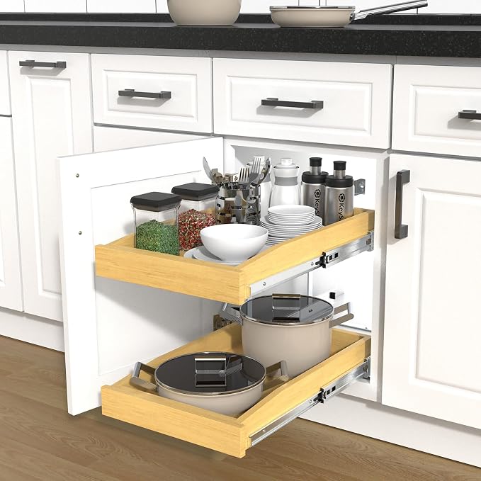 2 Tier Pull Out Cabinet Organizer, 14"W x 21"D Solid Wood Heavy-Duty Base Bottom Assembly Slide out Drawer Shel Cabinet Organization for Kitchen, Pantry, Bathroom - Image 5