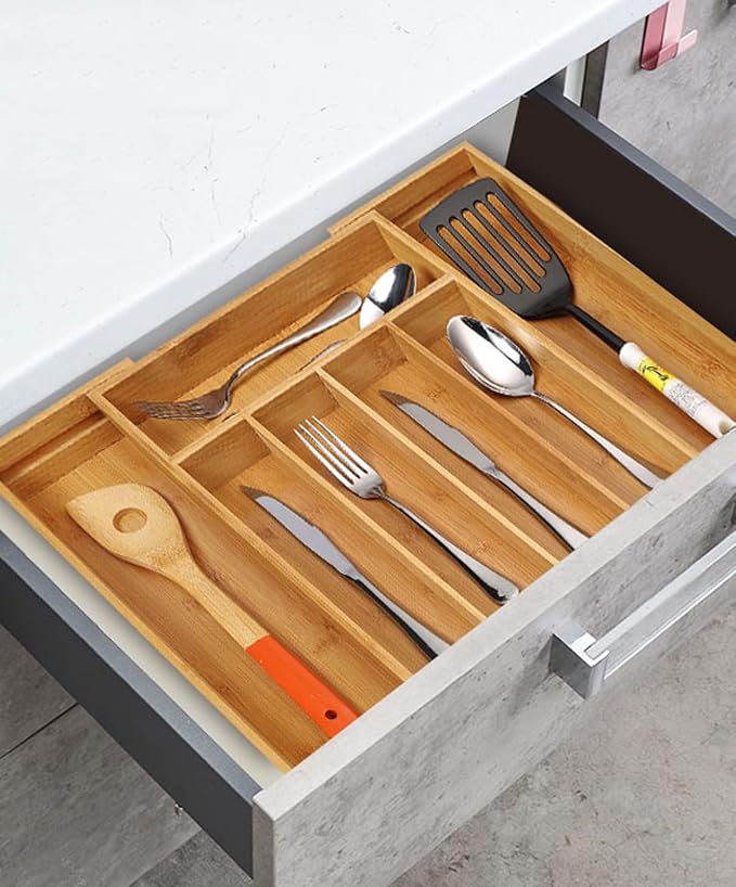Utoplike Bamboo Cutlery Silverware Tray, Drawer Organizer Kitchen Utensils | Small Drawer Dividers for Flatware Tray Drawer Insert for knives, Gadgets and Garage Tools, Office Supplies, 5-7 Slots - Image 4
