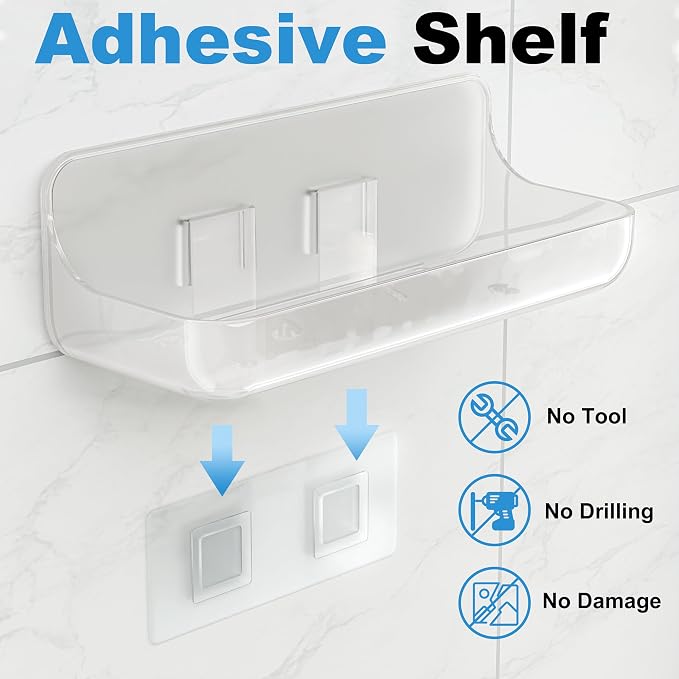 Adhesive Bathroom Shelves, 4 Pack Acryilc No Drill Stick on Shelf - Image 3