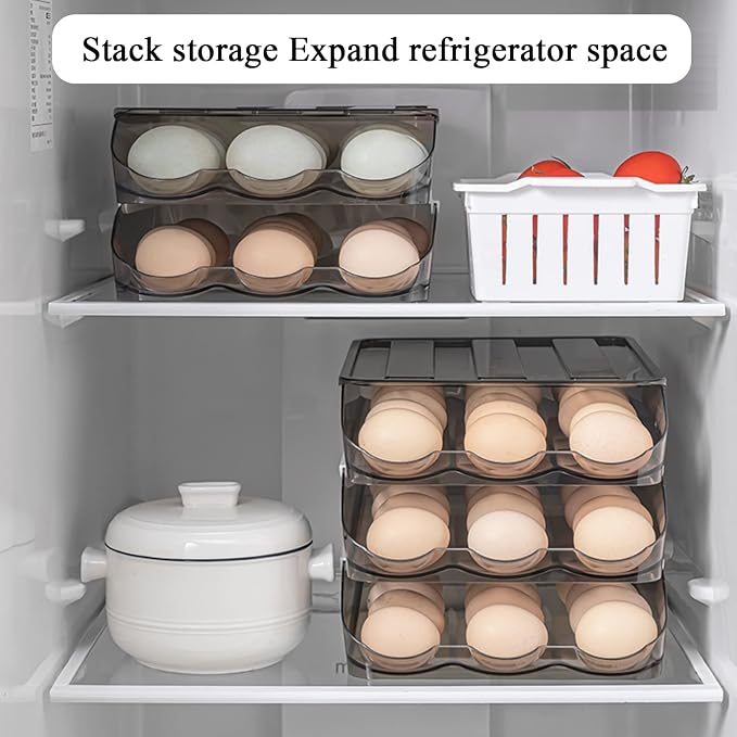 Egg Holder for Refrigerator Auto Scrolling Organizer Plastic Stackable Storage Container Reusable Clear Tray Box Basket Bin Lid Drawer Carrier Keeper(3 Layer) - Image 4