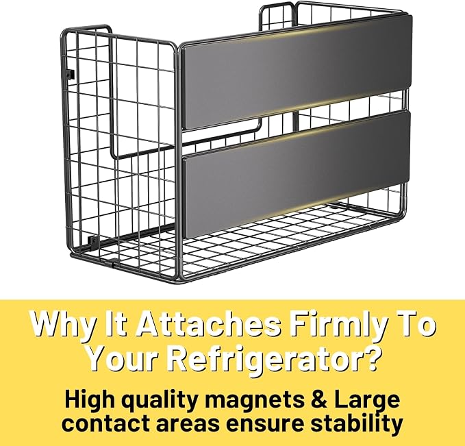 Magnetic Shelf for Fridge, Large Basket for Aluminum Foil | 50 lbs strong magnet, no-drill, large capacity, ventilated for produce, fits cabinet, wrap boxes, snacks, coffee pods. - Image 9