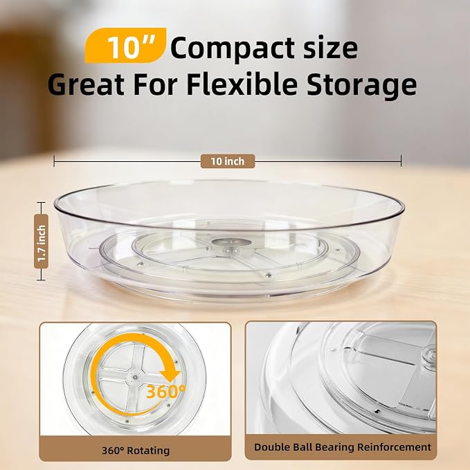 8 Pack Lazy Susan 10 inch Turntable for Spice Organization | Clear BPA-Free Plastic Rotating Organizer for Kitchen Cabinet, Pantry, Countertop, Fridge | 360-Degree Rotating Base - Image 3
