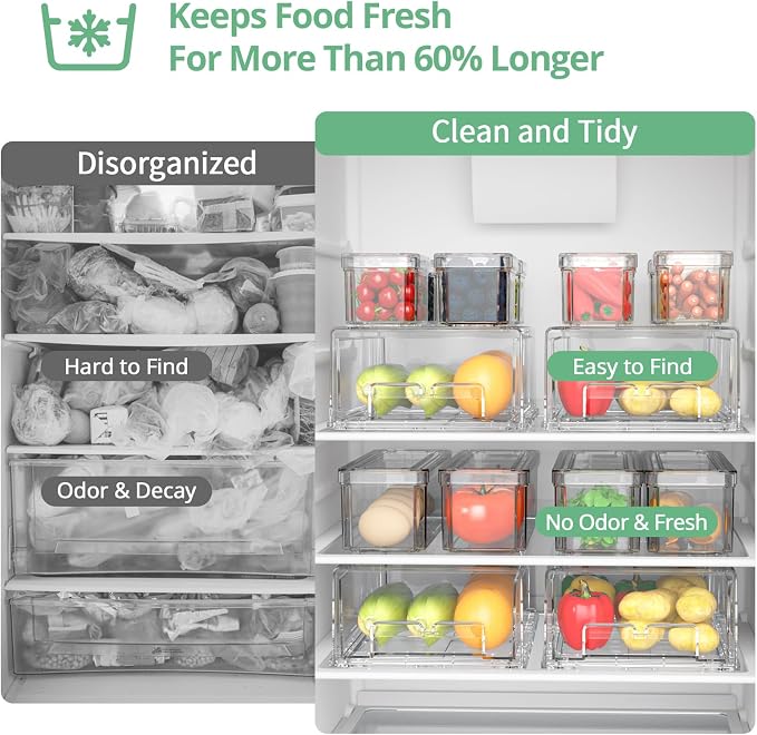 damynuo 14Pack Fridge Organizer Bins, Clear Refrigerator Organizing Containers with Lids and Refrigerator Drawers, Stackable Food, Vegetable and Fruit Containers for Fridge Organizers and Storage - Image 7