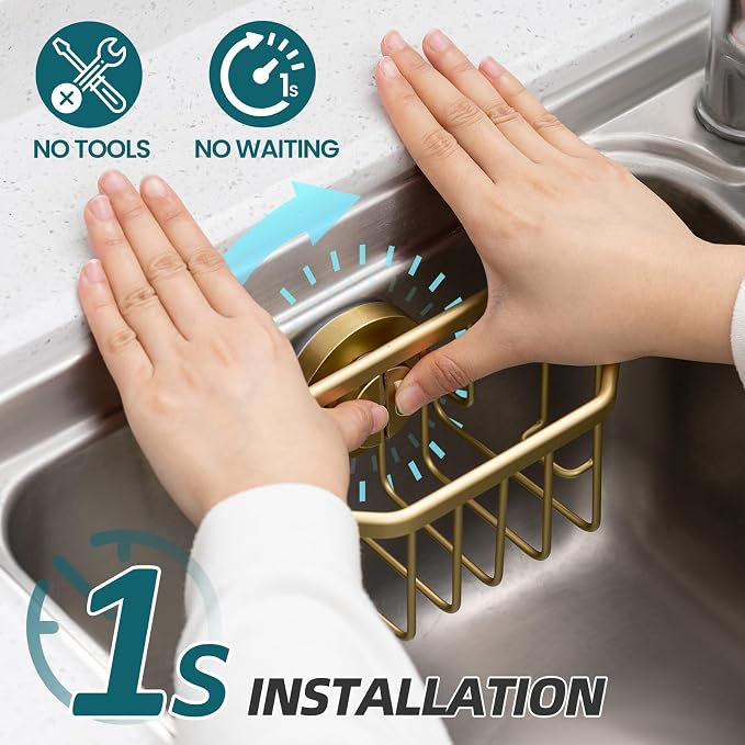 TAILI Sponge Holder for Kitchen Sink with Strong Suction Cup-Gold | Removable Sink Caddy for Kitchen Sink Oganizer, Rustproof Aluminum Sink Sponge Holder for Scraper Brushes, Stoppers - Image 2