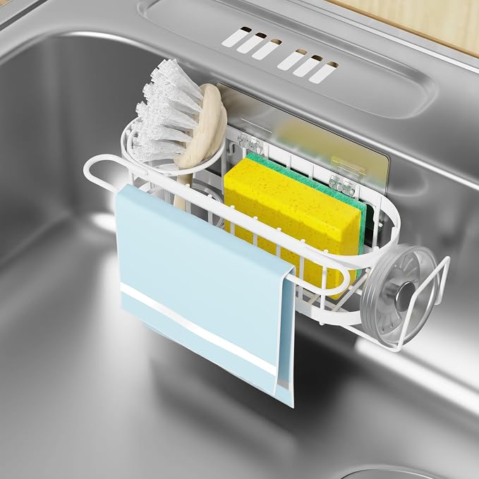 Cisily Kitchen Sink Caddy Sponge Holder in The Sink, Stainless Steel Kitchen Sink Organizer, Brush Holder, Dish Cloth Hanger, Sink Stopper Holder (Suction cup-White) by CISILYHOMELIFE