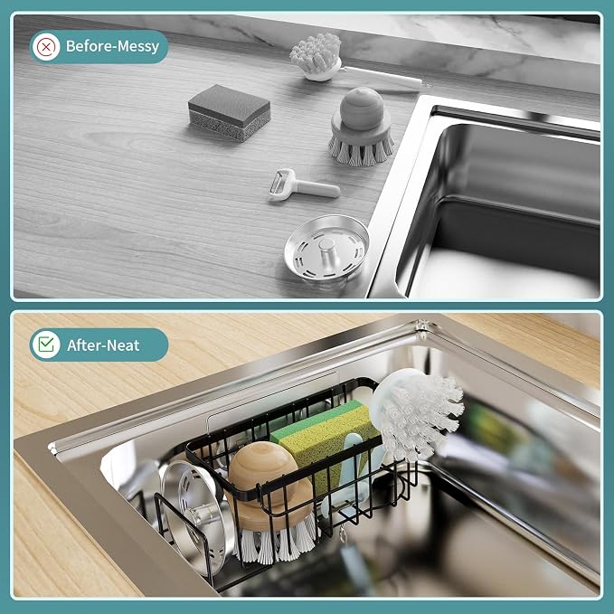 StorageRight 4-in-1 Sponge Holder for Kitchen Sink, Sink Caddy Organizers and Storage with Adhesive Hook & Suction Cups, Rustproof Kitchen Sink Organizer for Home Decor - Black - Image 5