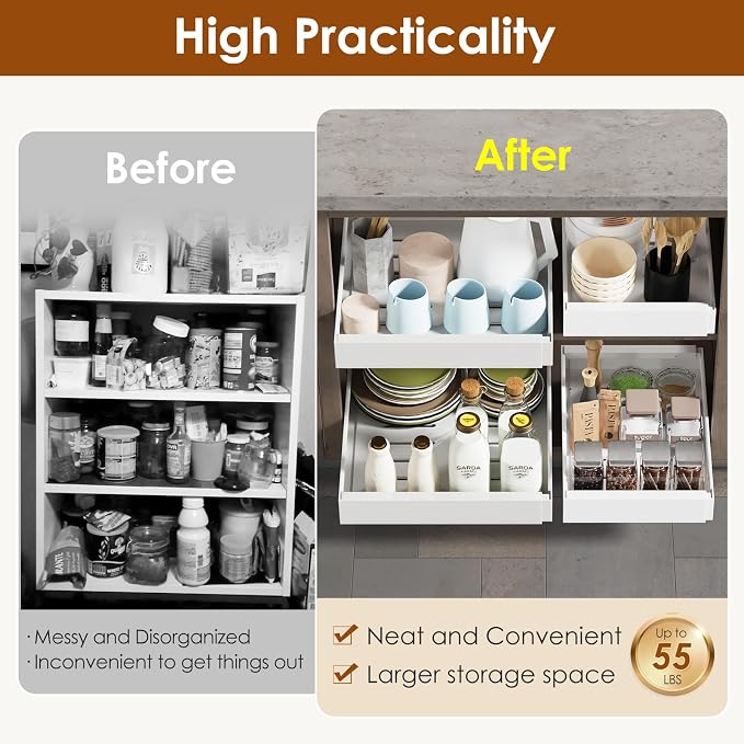 2 Pack Expandable Pull Out Cabinet Organizer 16.5" Deep, Adjustable Width 12.6"-20.5", No Drill Adhesive with Triple Track Rails, Heavy Duty Slide Out Drawers for Kitchen,Pantry,Cabinets,White - Image 3