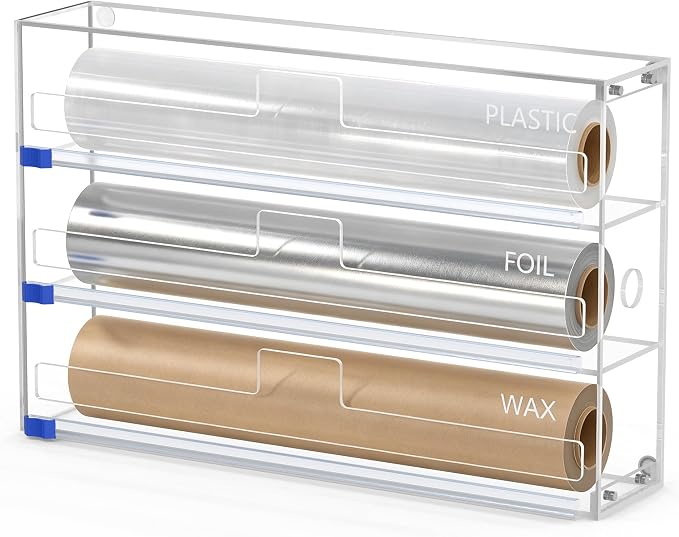 3 In 1 Acrylic Aluminum Foil, Plastic Wrap Organizer with Cutter | Clear Kitchen Storage for Wax Paper Dispenser Holder, For Drawer or Wall Mount, Fits 12 Inch Roll by FUKANG