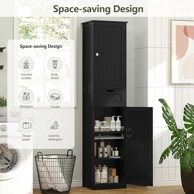 Iwell 67" H Bathroom Storage Cabinet, Tall Bathroom Cabinet | Narrow Storage Cabinet with Doors and Drawer, Adjustable Shelves, Floor Cabinet for Bathroom, Living Room, Kitchen - Image 4