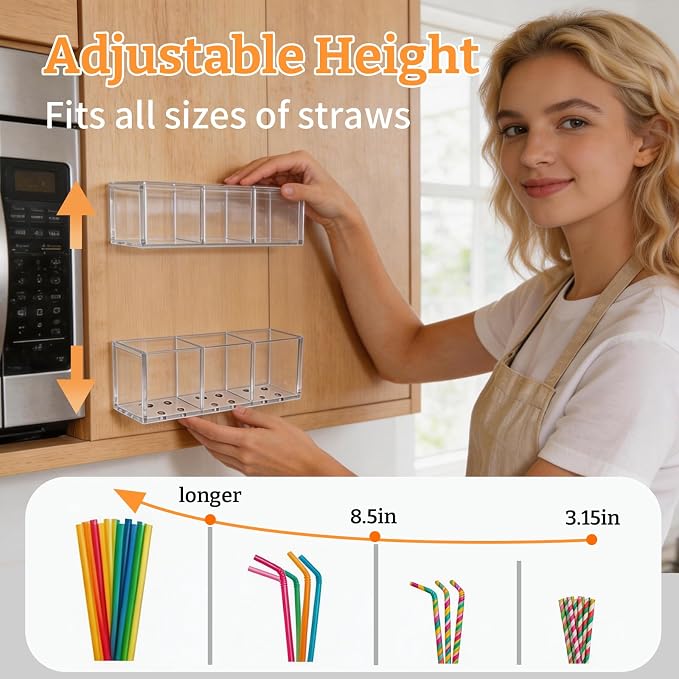 Small Acrylic Straw Holder for Cabinet Door, Adjustable Two-Part | 2 Pack Reusable Straws Organizer with Ultra Sticky Adhesive Strips, 2026 Straw Storage for Kitchen Cupboard - Image 5