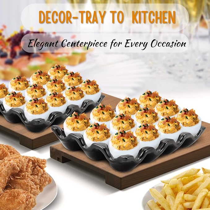 Flexzion 12 Cups Ceramic Egg Holder for Fridge - Dozen Ceramic Egg Tray Porcelain Container Storage Organizer Decorative Serving Stand Serveware for Refrigerator Countertop Display (Black, 2 Pack) - Image 2