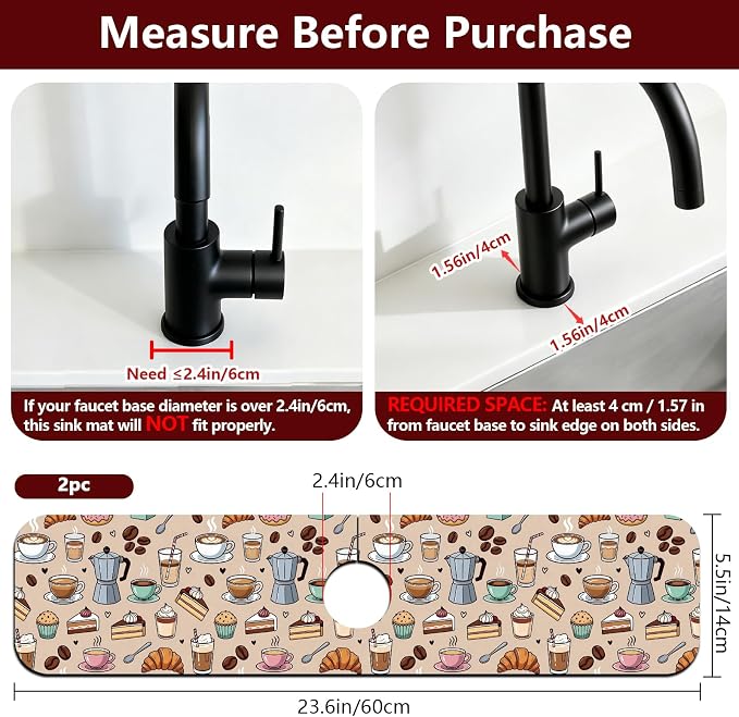 2 Pcs Kitchen Sink Splash Guard Faucet Mat Various Drinks Pattern Faucet Mat for Sinks coffee Graffiti Absorbing Drying Mats for Kitchen Bathroom, 23.6x5.5inch - Image 2