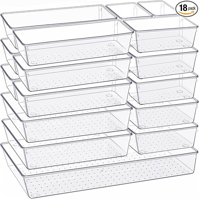 Drawer Organizer, 18 Pack Large Clear Plastic Kitchen Drawer Organizers Set, 6 Size Versatile Bathroom and Vanity Drawer Organizer Trays, Storage Bins for Makeup, Bedroom, Kitchen Utensils by Criusia