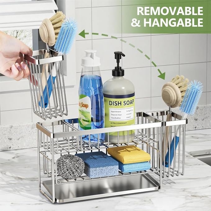 Cisily Silver 2-Tier Kitchen Sink Caddy Organzier Rack with Flexible Dish Brush Holder, Sponge Holder for Kitchen Sink Countertop Organization Storage,Home Decor Stainless Steel - Image 3