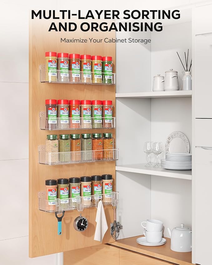 Nieifi Spice Rack Wall Mount, 4 Pack Clear, 2" Depth, Screw/Adhesive | Wall-Mounted with Removable Hooks Saves Counter Space, Fits 2" Deep Jars, Ideal for Kitchen Cabinets, Pantry Doors, and RVs - Image 2