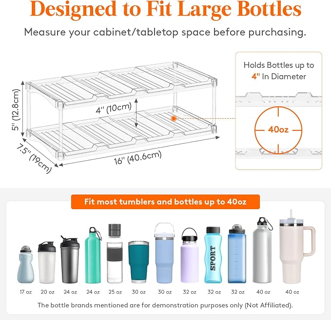 Lifewit Stackable Bottle Storage Organizer, Clear Freestanding Wine Holder for Cabinet, Large Slot Water Bottle Tumbler Cup Organizer for Pantry, Plastic Wine Rack for Fridge Cellar, 2Tier Hold 8 - Image 2