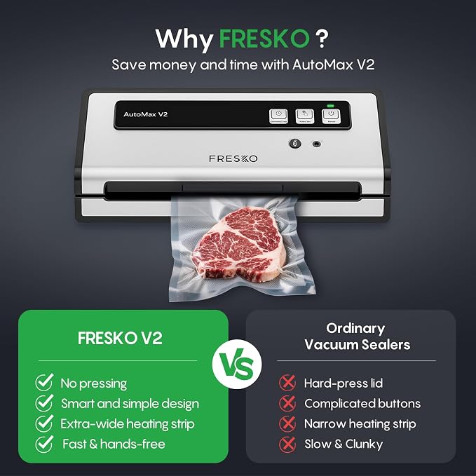 FRESKO Vacuum Sealer Machine with Automatic Bag Detection, Compact Design | 0.2-inch Widened Heating Strip, Food Vacuum Sealer for Dry & Moist Food Storage, Suitable for Sous Vide, 10 Pre-Cut Bags - Image 6