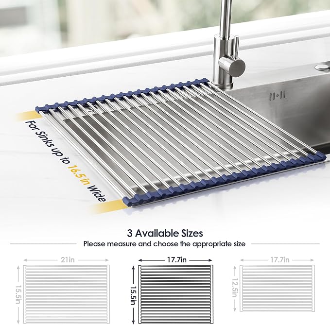Tomorotec Roll Up Dish Drying Rack Over Sink, 304 Steel, 17.7x15.5, Indigo | Anti-Slip Silicone Rims For Grip, Heat-Resistant Trivet Mat Holding Heavy Cookware, Rustproof Kitchen Counter Space Saver - Image 4