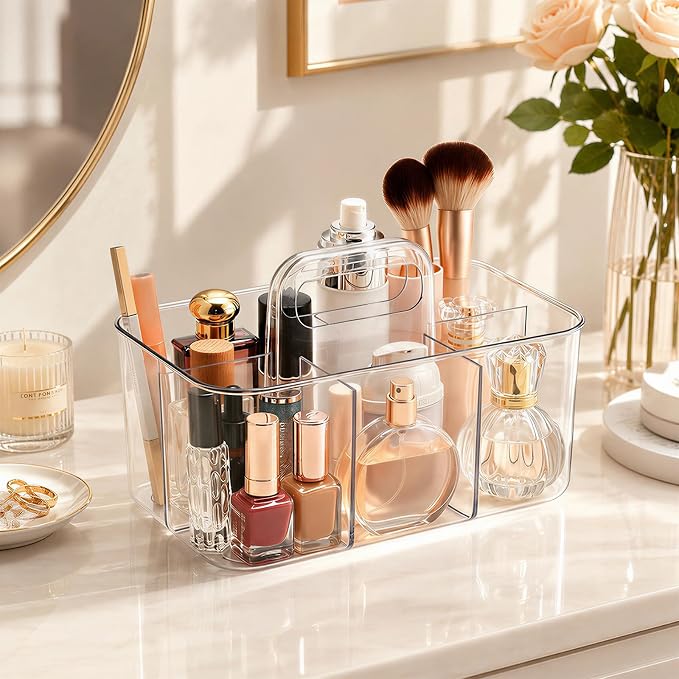 Plastic Storage Caddy with Handle, Clear Shower Makeup Caddy Organizer with 5 Compartments, Portable Multi-Purpose Desk Caddy for Craft Art Supply Pencils Home Office Bathroom Supplies - Image 2