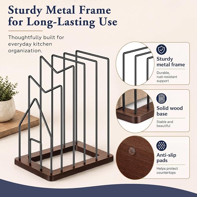 5 Slot Cutting Board Holder for Counter, Black Metal Kitchen Cabinet Organizer with Rustic Brown Wooden Base, Kitchen Countertop Pots Pan Lids Rack Organizer (1 Pc) - Image 7