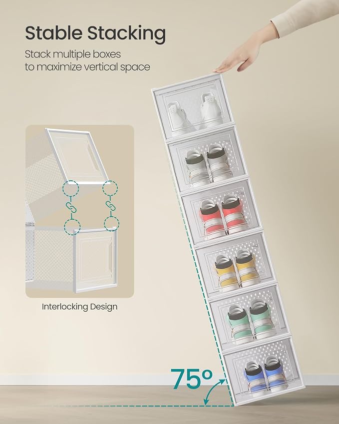 SONGMICS Shoe Boxes, Pack of 12 Shoe Storage Organizers, Stackable Clear Plastic Boxes for Closet, Sneakers, 13.1 x 9.9 x 7.4 Inches, Transparent and White ULSP12MWT - Image 3