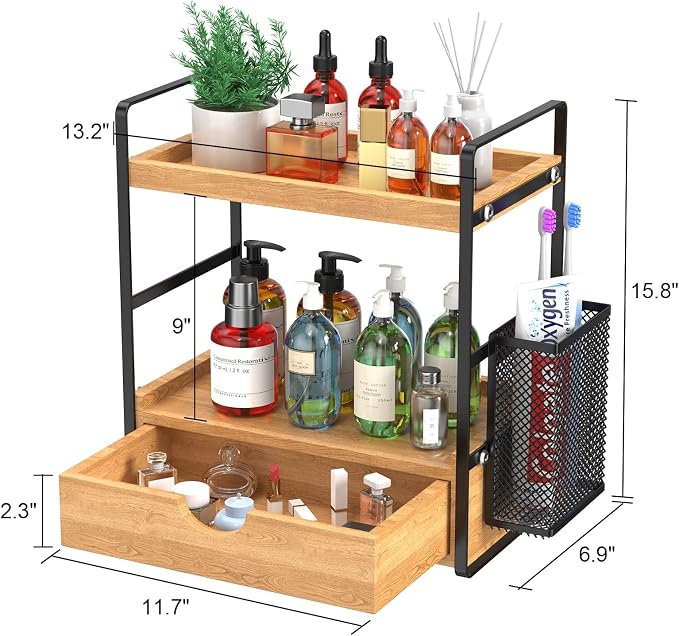 Bathroom Counter Organizer with Drawer and Basket,Wood Countertop Organizer for Bathroom Decor Makeup Tray for Perfume Skincare Bedroom Kitchen Corner - Image 3