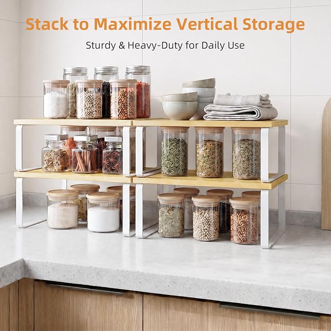 LAMU Cabinet Organizer Shelf, Set of 4 Expandable Kitchen Counter Shelve Plate Organizer for Cabiner, Stackable Spice Rack, CupBoard Organizers and Storage, Wood - Image 3