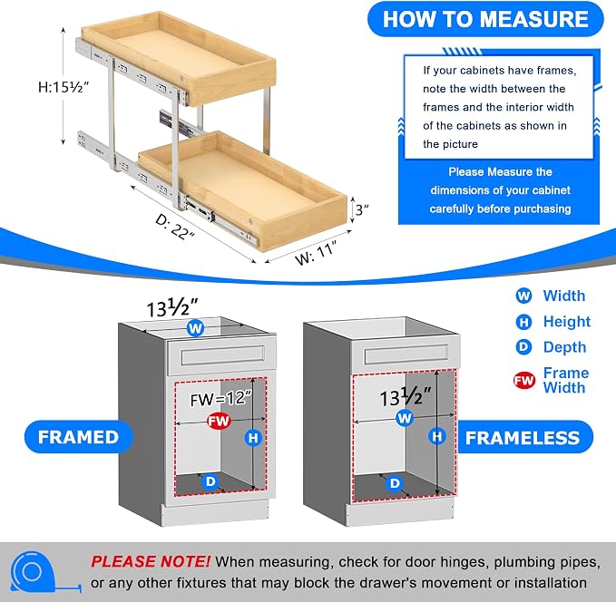 WelFurGeer 2-Tier Pull Out Cabinet Organizer with Soft Close Slides, Heavy-Duty Pull Out Drawers for Cabinets, Slide Out Shelf for Kitchen, Bathroom, Pantry & Under Sink, Solid Birch Wood - Image 5