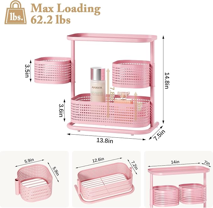 KINGRACK Metal Bathroom Counter Organizer，Rotating Countertop Storage Shelf | 3 Tier, Makeup Tray for Vanity, Perfume & Skincare, Standing Shelf for Bathroom Counter Storage, Pink - Image 9