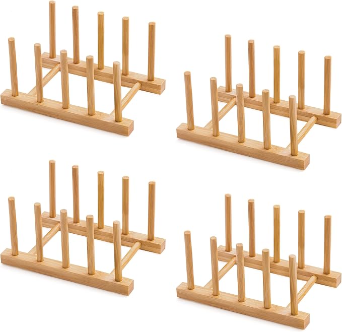 Bamboo Dish Drying Rack for Kitchen Counter & Cabinet (4 Slots) | Detachable Dish/Book/Plate/Bowl/Cup/Cutting Board/Pot Lid Organizer for Kitchen, Living Room, Study, Display Cabinet by Oyydecor