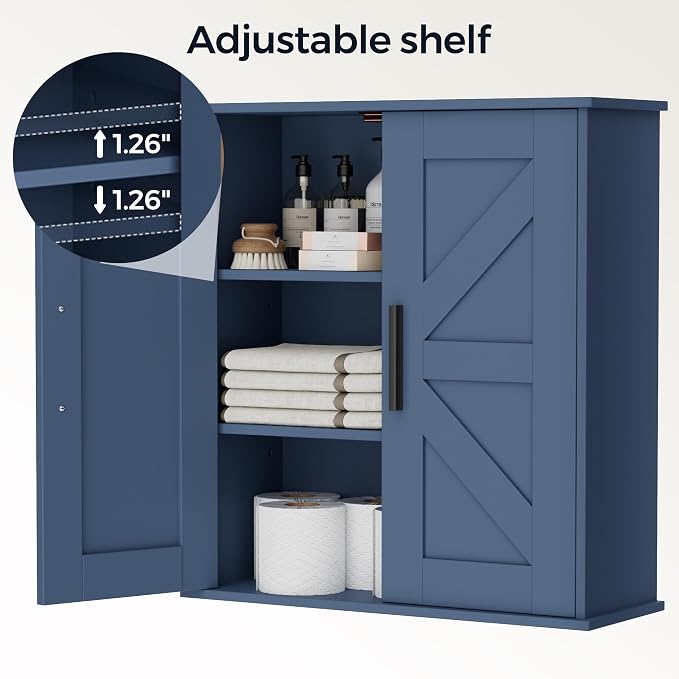 Homleke Bathroom Wall Cabinet, Medicine Cabinet with Adjustable Shelves | 3-Tier Wall Mounted Over Toilet Storage with Barn Doors, for Bathroom, Kitchen, Entryway, Laundry Room, Blue, (7.9" D) - Image 5