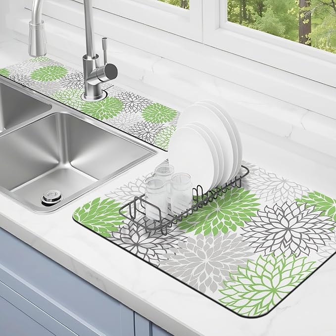 Dish Drying Mat for Kitchen Counter Matt, 2PCS 24"x18" Dish Drainer Mat & 24"x5.5" Sink Splash Guard, Super Absorbent Non-slip Rubber Backed by Kuyig+Home