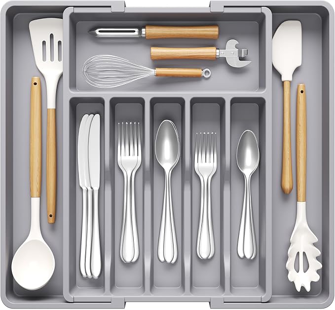 Lifewit Extra Large Silverware Drawer Organizer, Expandable Utensil Tray | BPA Free Flatware Cutlery Holder for Kitchen, Adjustable Plastic Storage for Spoons Forks Knives, 13-22.4 x 16.7", Gray by Lifewit