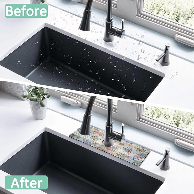 Kitchen Sink Splash Guard Faucet Mat 15" X 5.5" Wooden Floral Absorbent Fast Drying Mat Faucet Draining Mat Sink Splash Guard Behind Faucet Drip Catcher for Kitchen Bathroom - Image 7