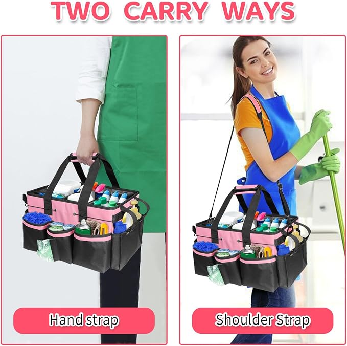 Boczif Cleaning Caddy Bag Wearable,Cleaning Caddy Supplies Organizer(Pink) | with Handle, Shoulder Straps & Detachable Divide, Cleaning Tool Organizers Tote Bag for Cleaners & Housekeepers - Image 4